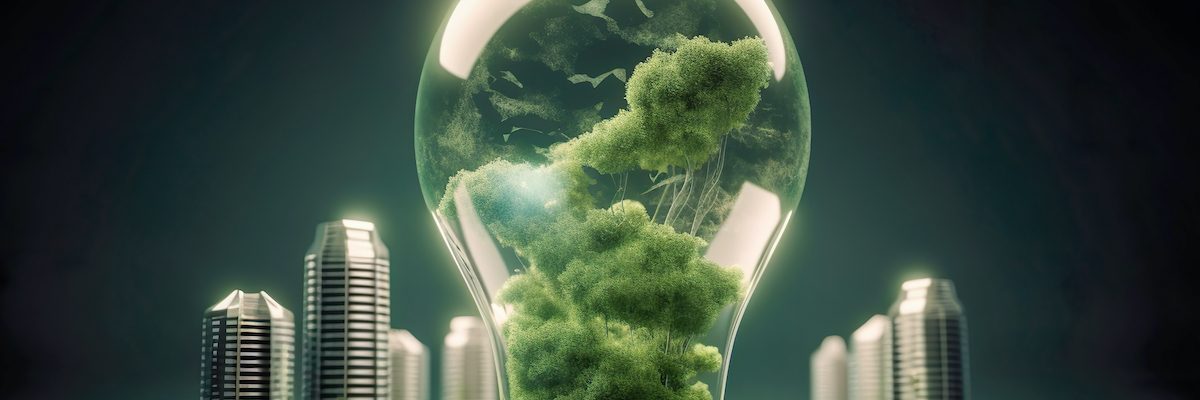 energy consumption co gas emissions are increasing light bulb with green eco city renewable energy by carbon neutral energy save energy creative idea concept generative aix